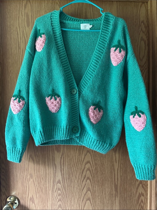 Luna Ivy Sweaters - Luna Ivy Turquoise Strawberry Cardigan